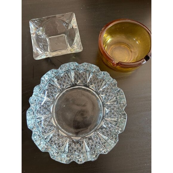Amber Thick Clear Crystal Glass Set Of 3 Cigarette Ashtray Decorative Vintage - Picture 3 of 9